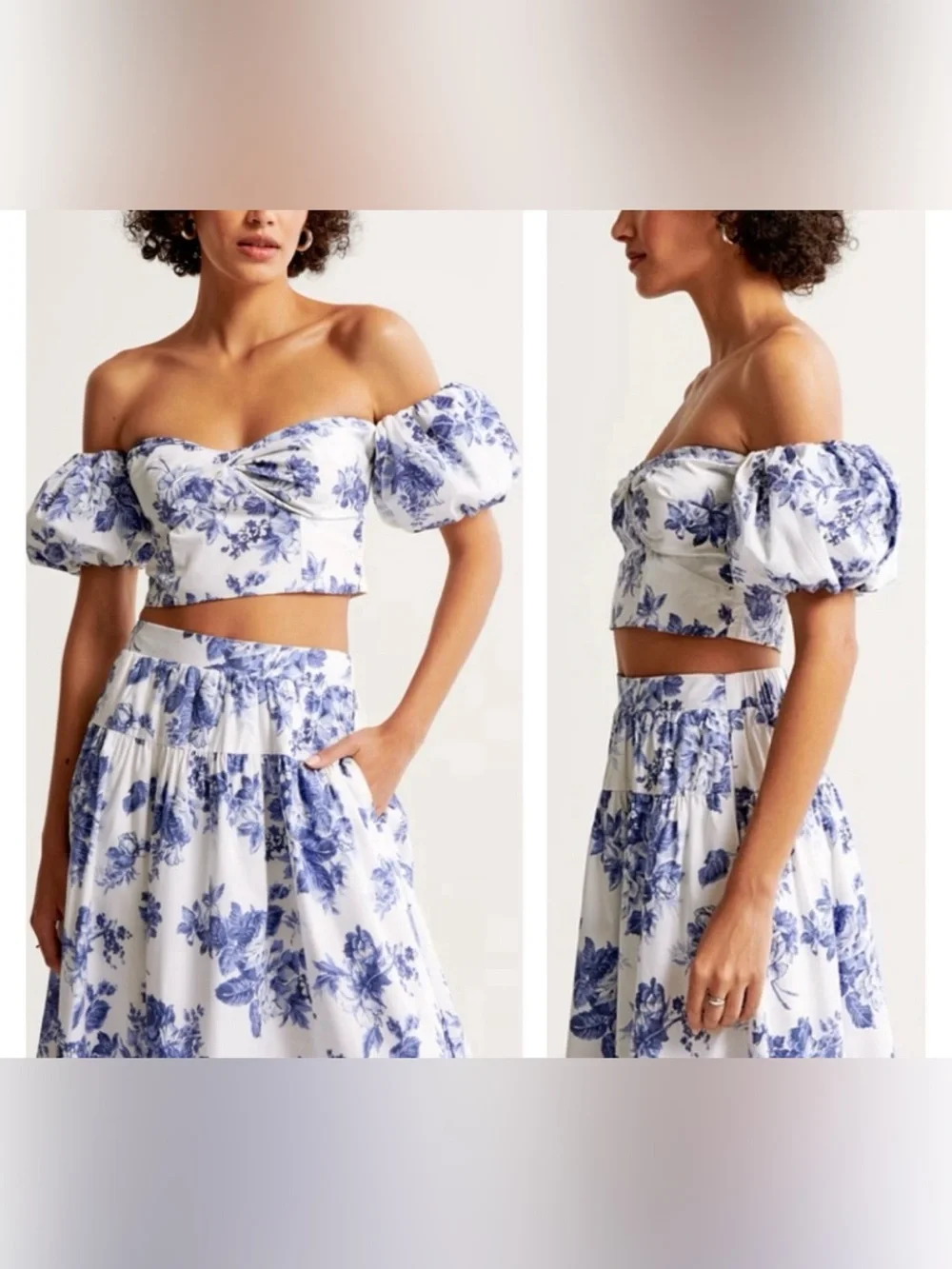 Abercrombie Blue Floral Puff Sleeve Sweetheart Crop Top XS NWT